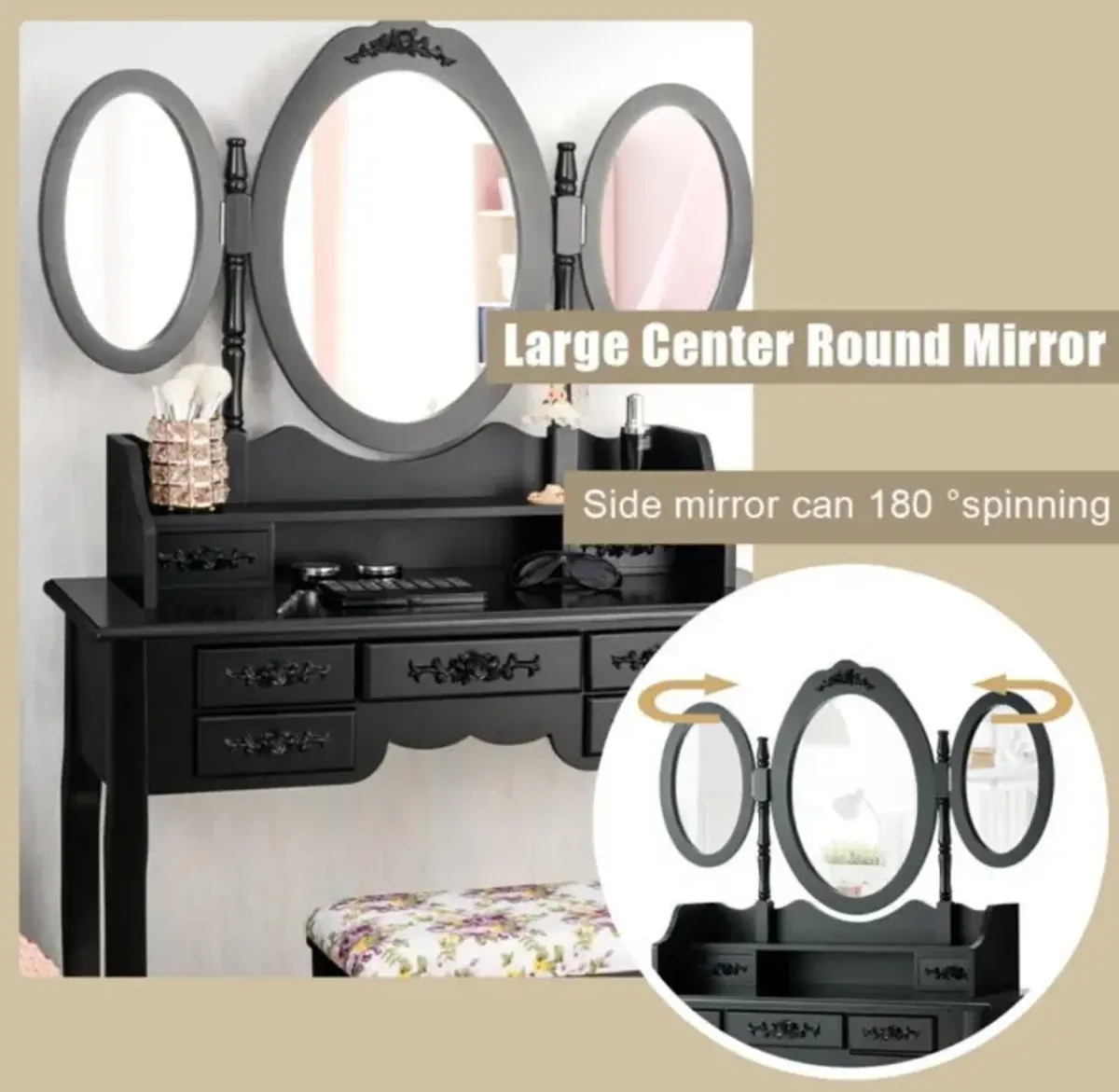 Hivvago 7 Drawer Tri-Folding Mirror Dressing Vanity Makeup Set-Black