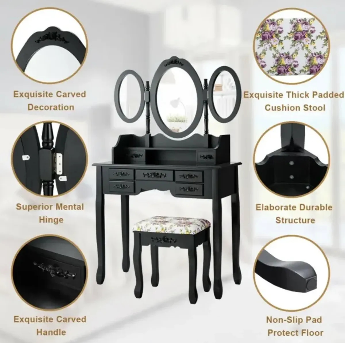 Hivvago 7 Drawer Tri-Folding Mirror Dressing Vanity Makeup Set-Black