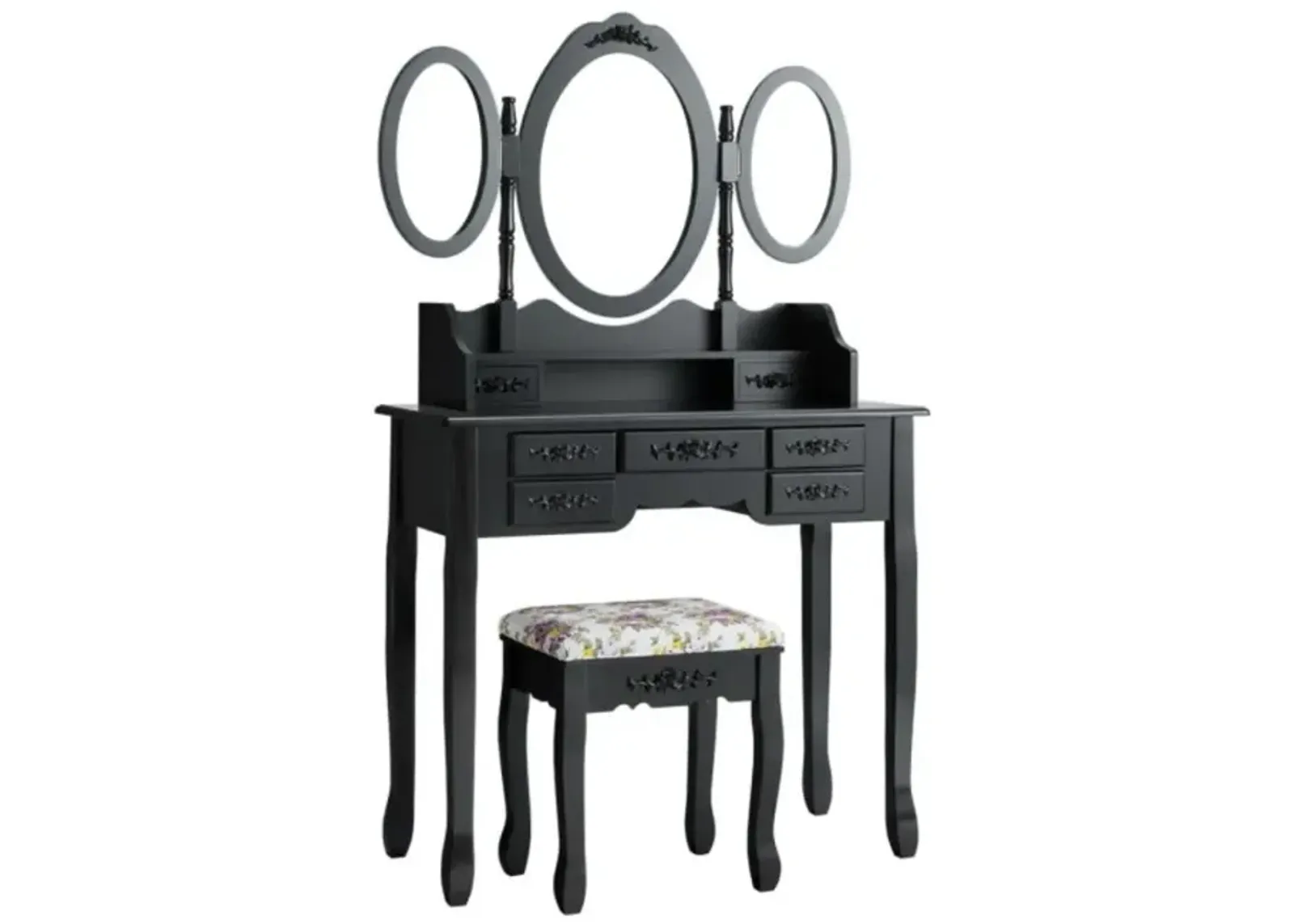 Hivvago 7 Drawer Tri-Folding Mirror Dressing Vanity Makeup Set-Black