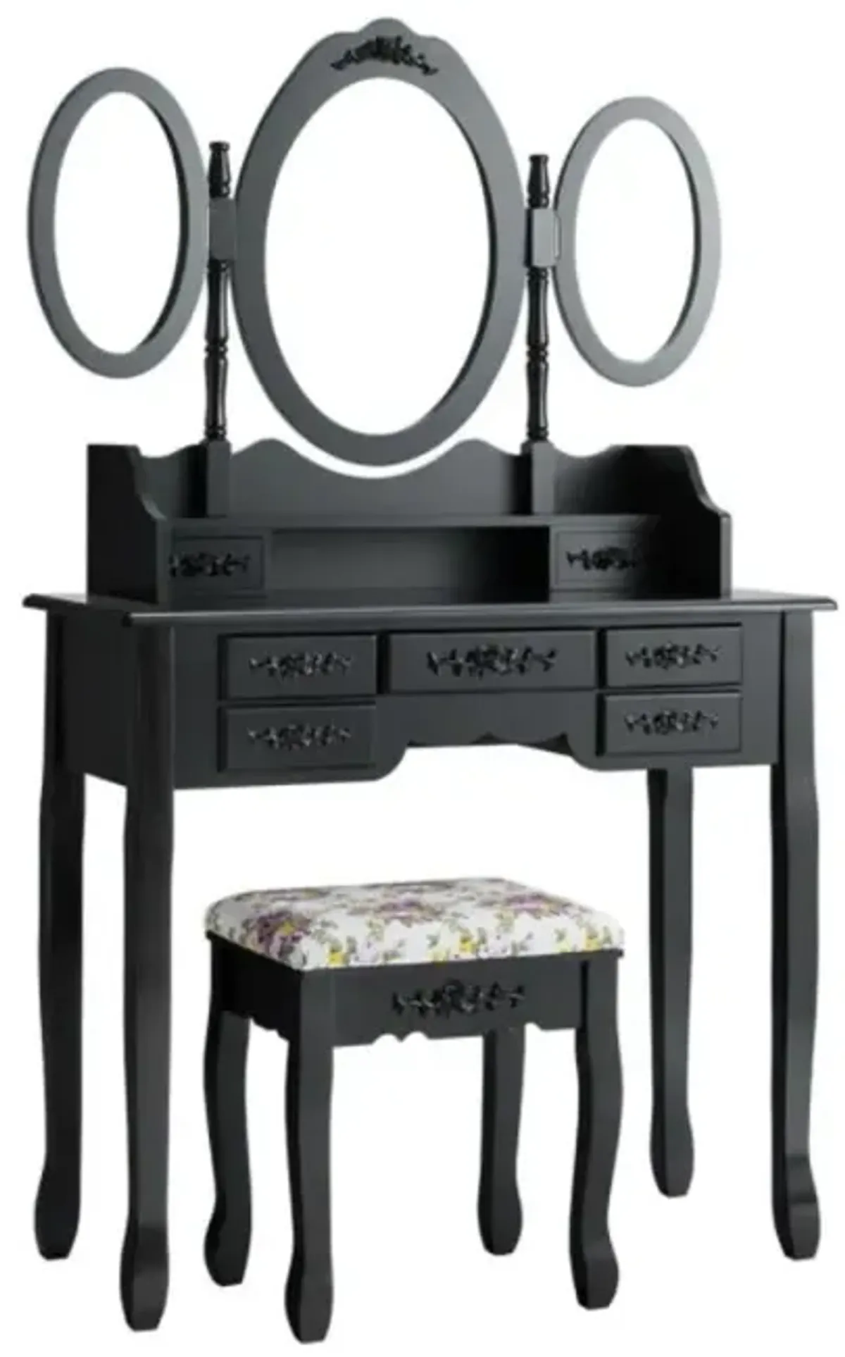 Hivvago 7 Drawer Tri-Folding Mirror Dressing Vanity Makeup Set-Black