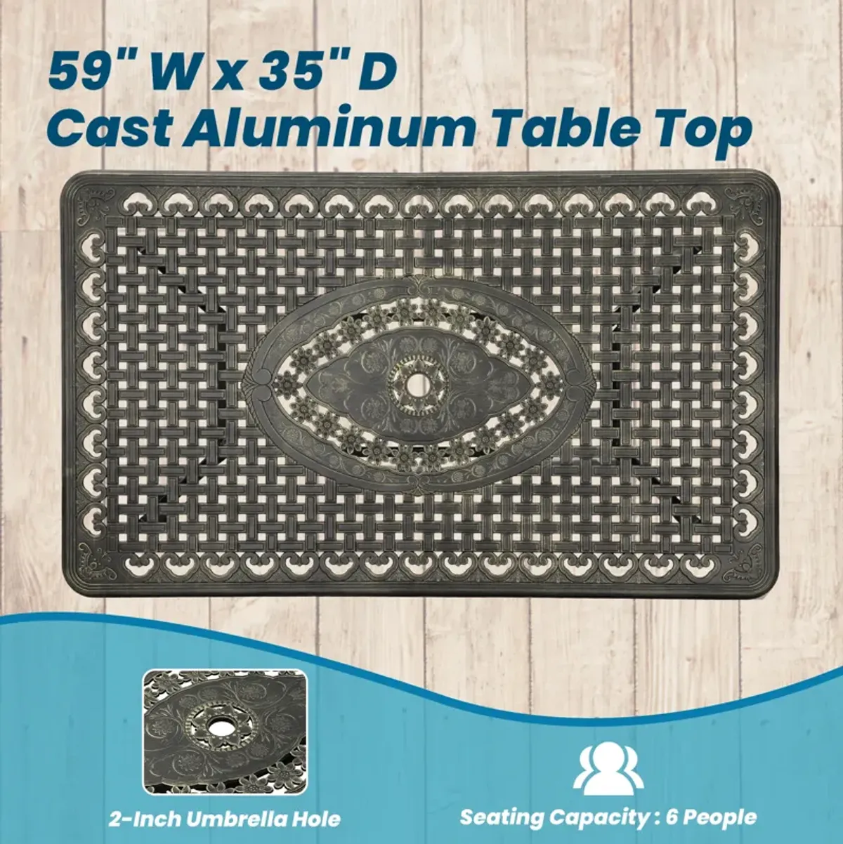 MONDAWE 59. in Cast Aluminum Patio Rectangular Hollow-Carved Dining Table with Umbrella Hole