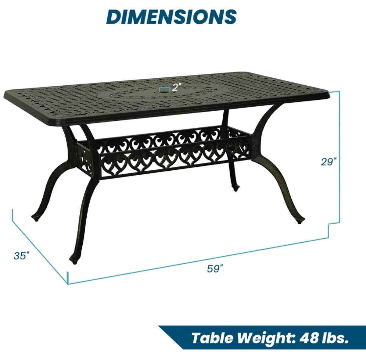 MONDAWE 59. in Cast Aluminum Patio Rectangular Hollow-Carved Dining Table with Umbrella Hole