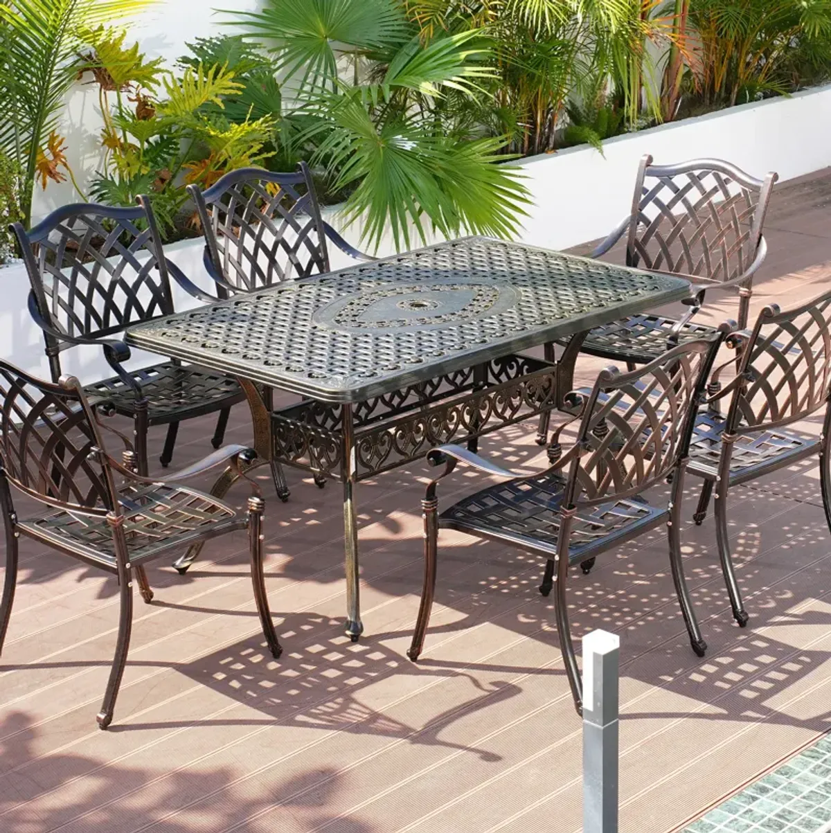 MONDAWE 59. in Cast Aluminum Patio Rectangular Hollow-Carved Dining Table with Umbrella Hole