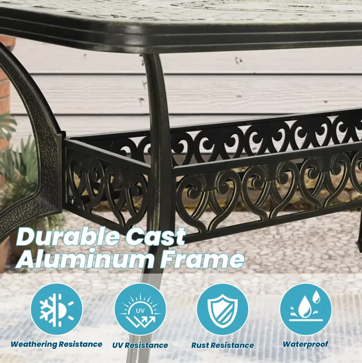 MONDAWE 59. in Cast Aluminum Patio Rectangular Hollow-Carved Dining Table with Umbrella Hole