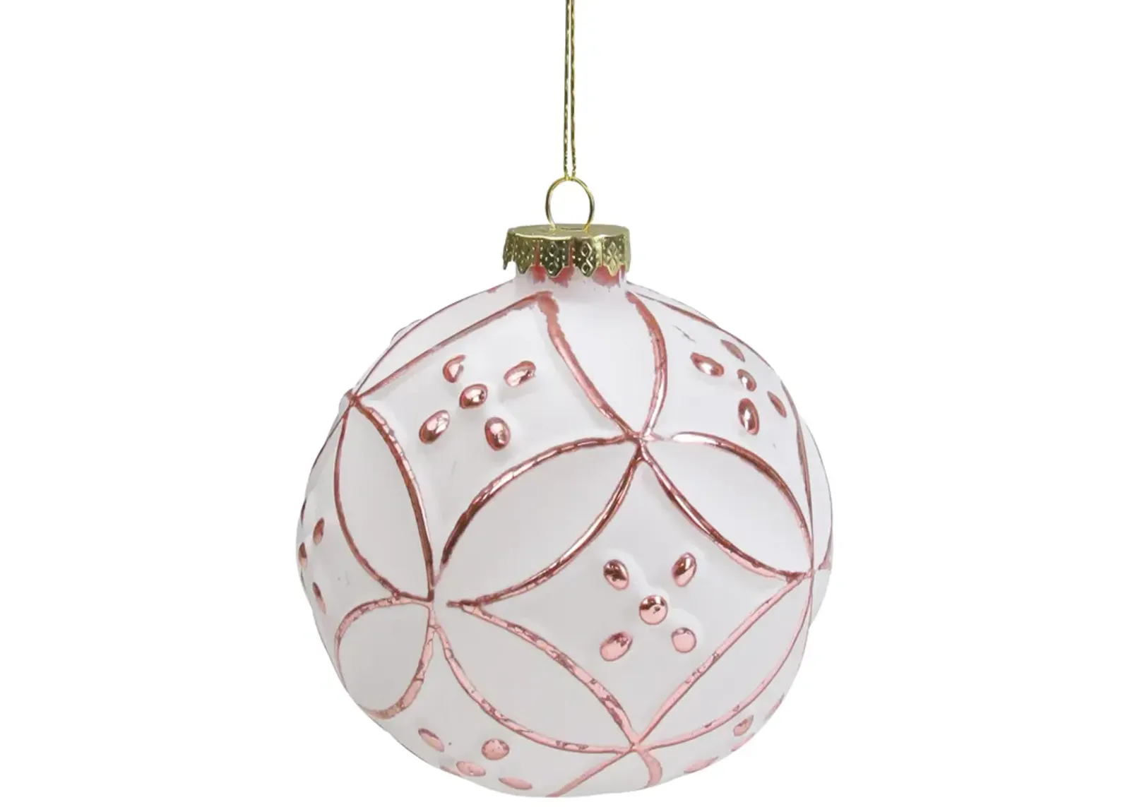 Matte White and Pink Floral Glass Hanging Christmas Ball Ornament 3.75" (95mm)