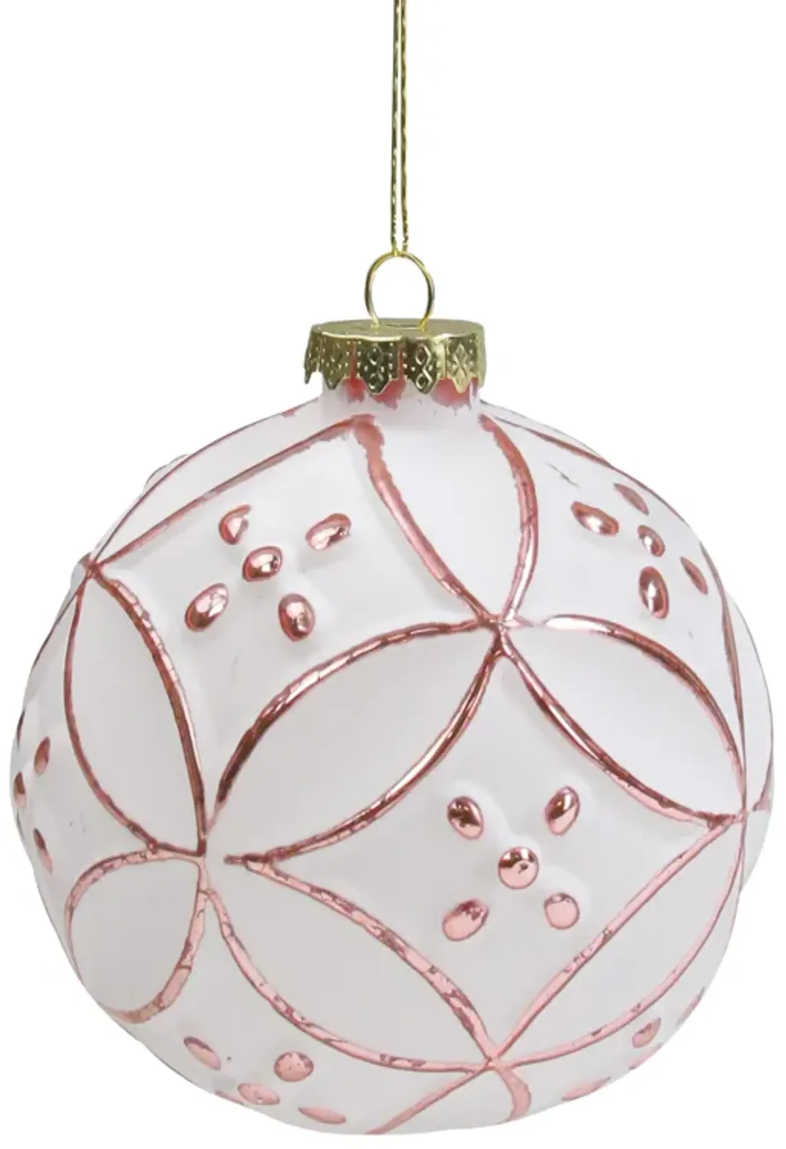 Matte White and Pink Floral Glass Hanging Christmas Ball Ornament 3.75" (95mm)