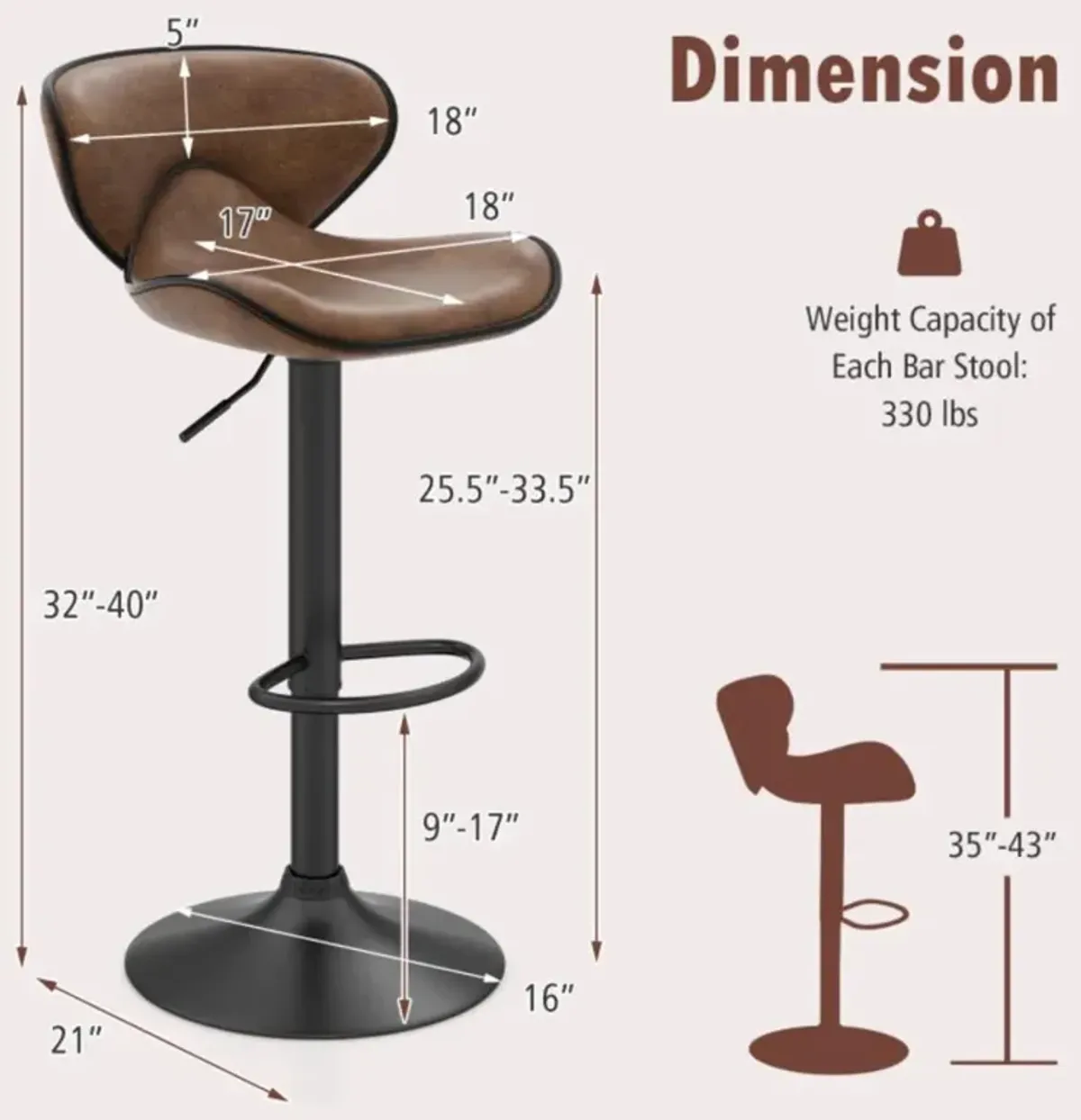 Hivvago Set of 2 Adjustable Bar Stools Swivel Bar Chairs Pub Kitchen