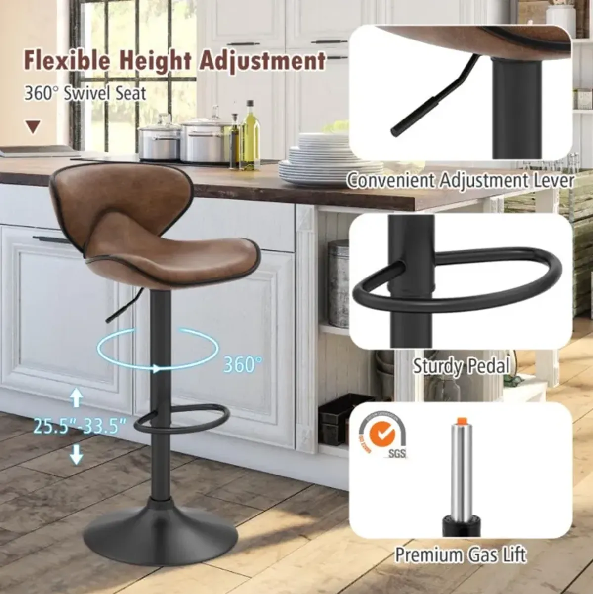 Hivvago Set of 2 Adjustable Bar Stools Swivel Bar Chairs Pub Kitchen