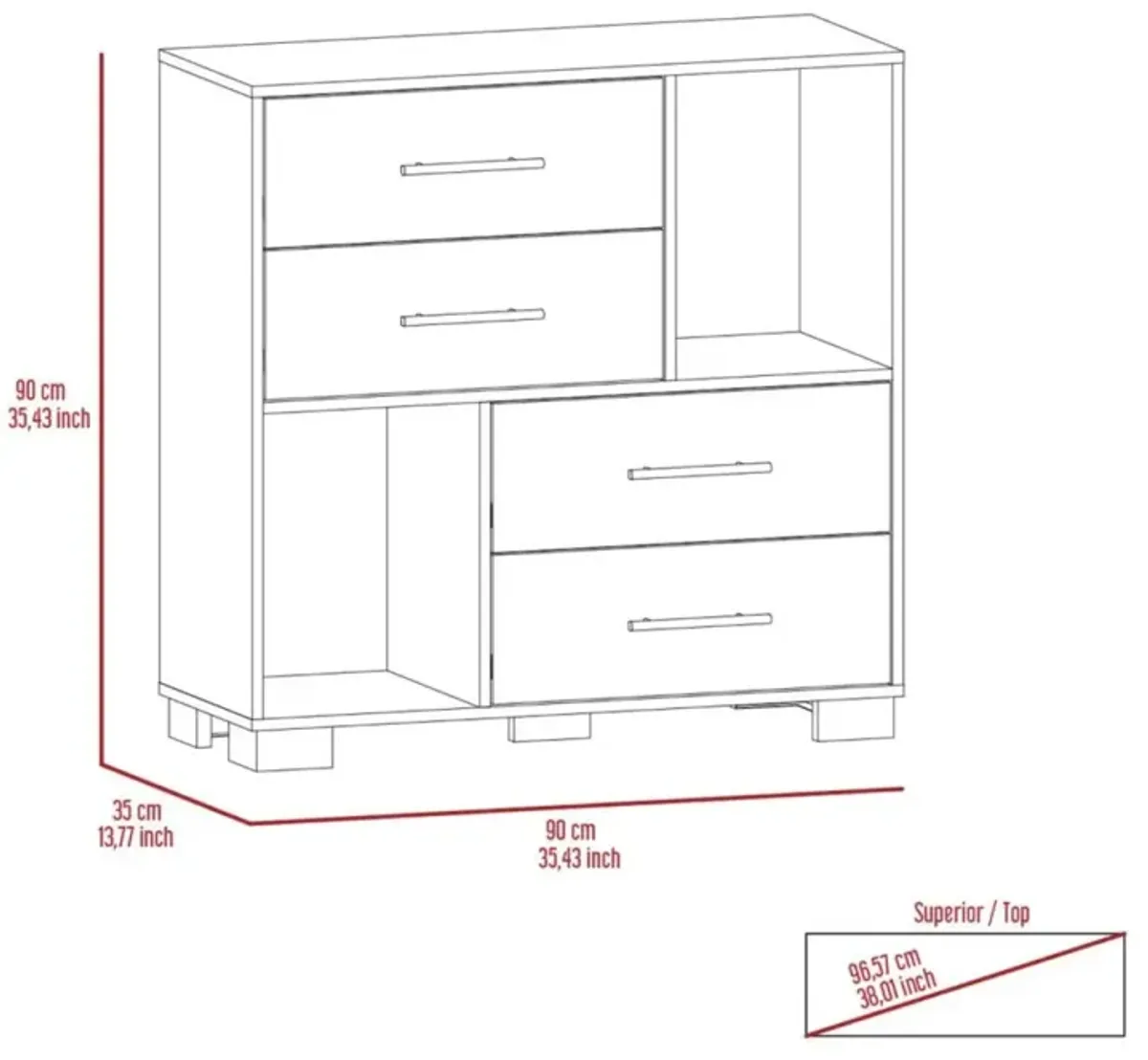 Krista Dresser, Two Open Shelves, Four Drawers