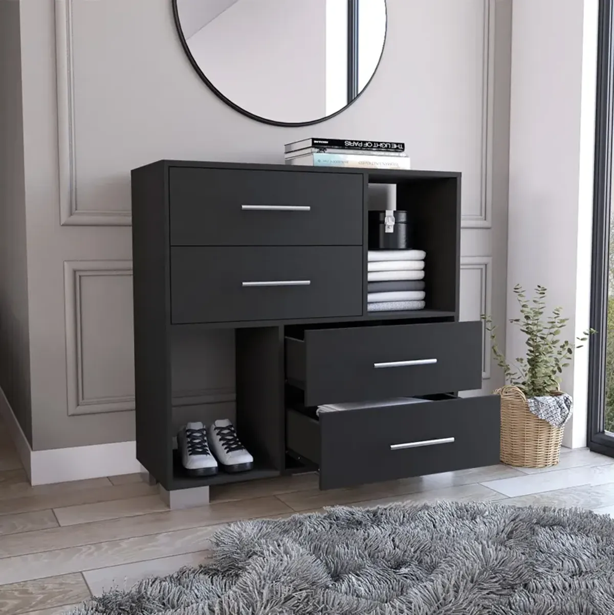 Krista Dresser, Two Open Shelves, Four Drawers