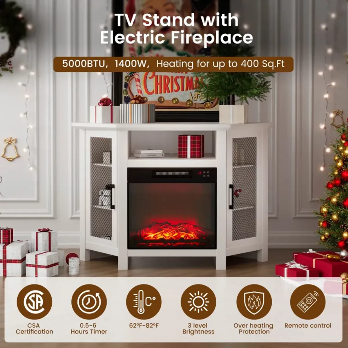 Mondawe 44.45-in W Brown TV Stand with Fan-forced Corner Electric Fireplace with Remote Control Included