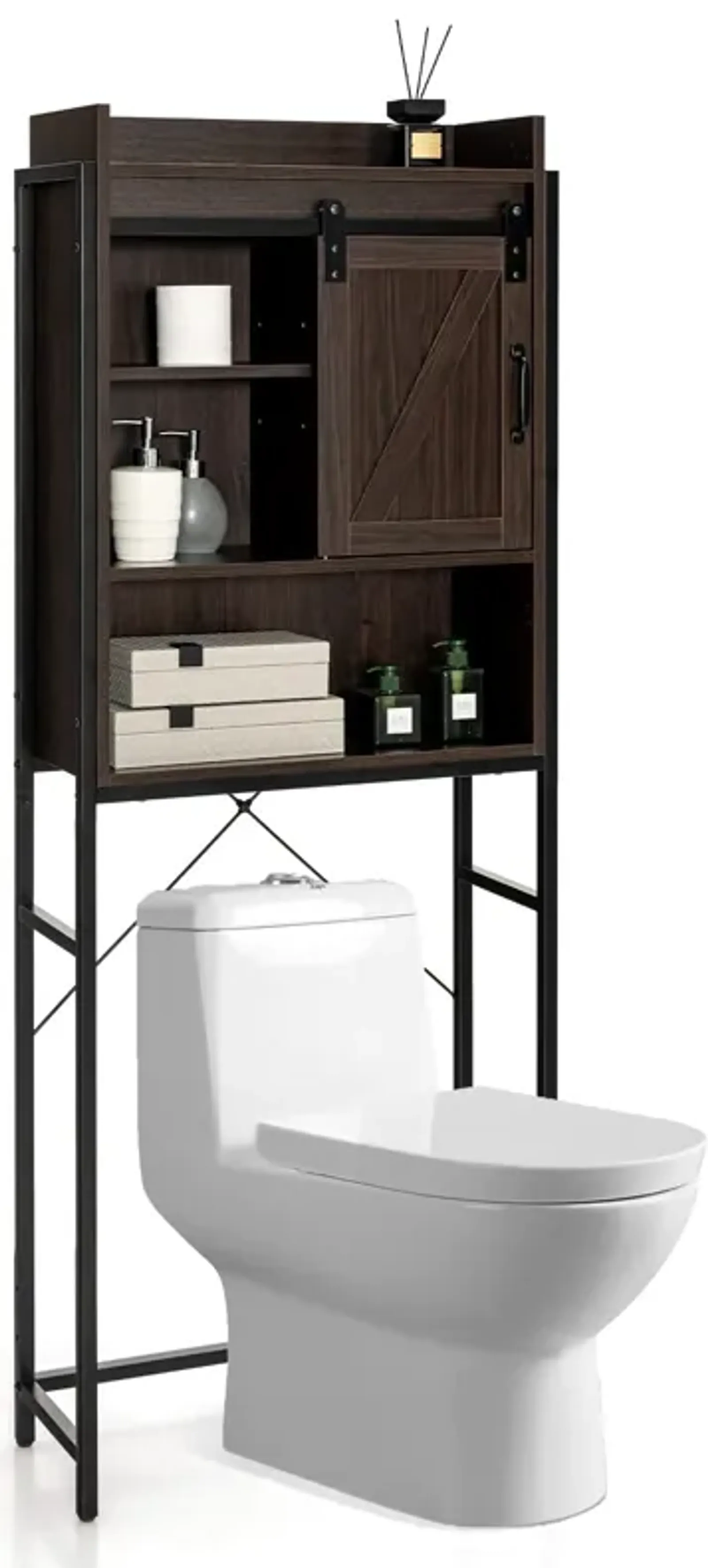 4-Tier Multifunctional Toilet Sorage Cabinet with Adjustable Shelf and Sliding Barn Door