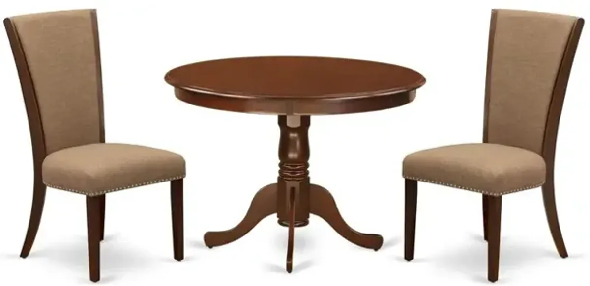 East-West Furniture HLVE3-MAH-47 - A dining set of two fantastic kitchen chairs with Linen Fabric Light Sable color and a lovely 42-Inch Antique dining table in Mahogany Finish