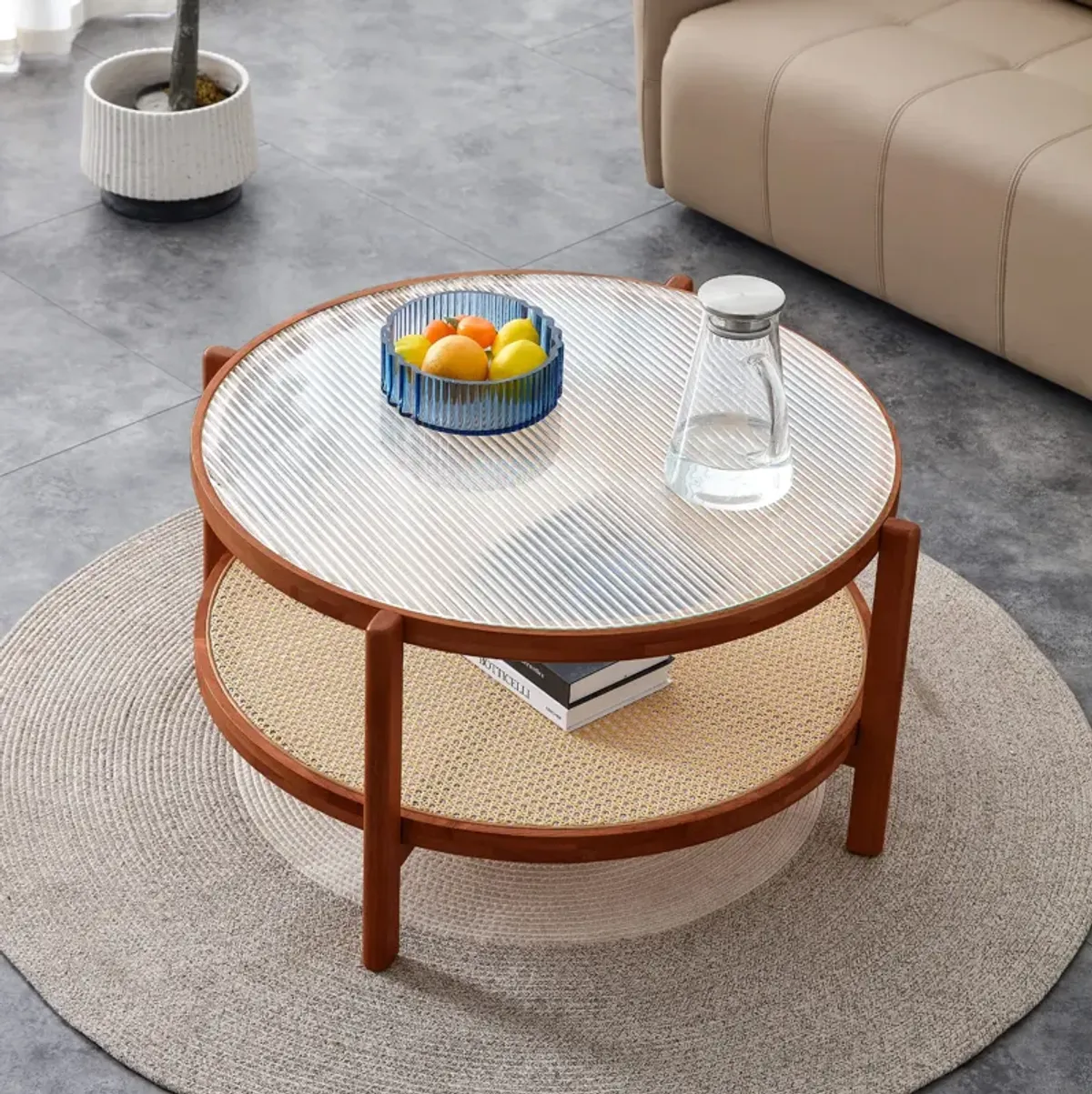 Hivvago Modern and Simple Solid Wood Double Layered Circular Rattan  Table