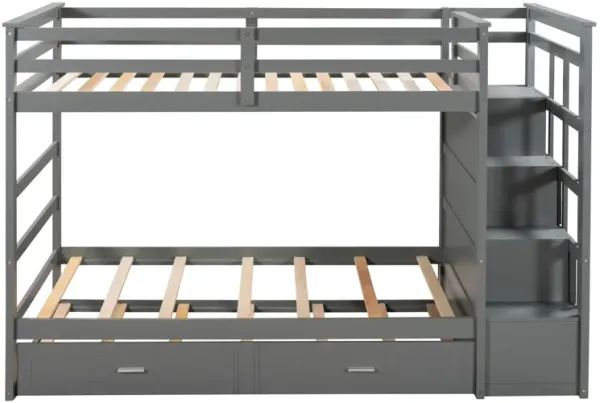 Solid Wood Bunk Bed, Hardwood Twin Over Twin Bunk Bed With Trundle And Staircase