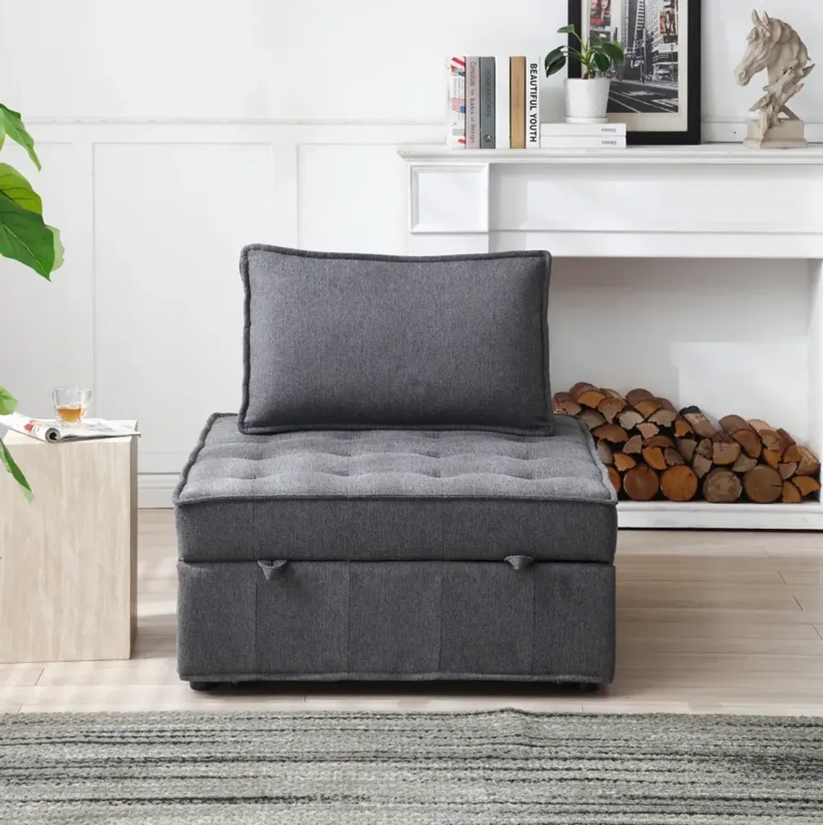 Multipurpose Linen Fabric Ottoman Lazy Sofa Pulling Out Sofa Bed (Dark Grey)