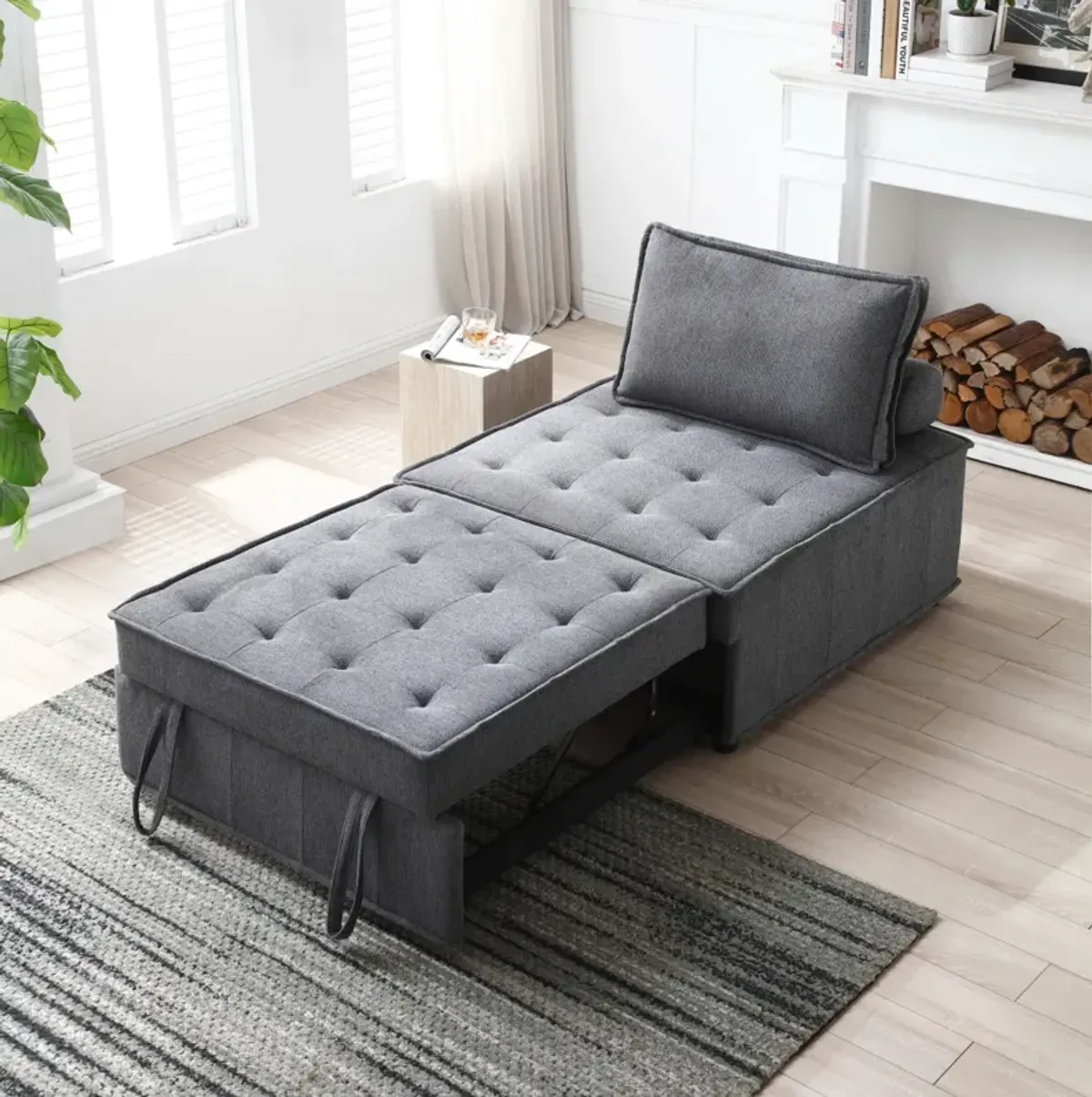 Multipurpose Linen Fabric Ottoman Lazy Sofa Pulling Out Sofa Bed (Dark Grey)