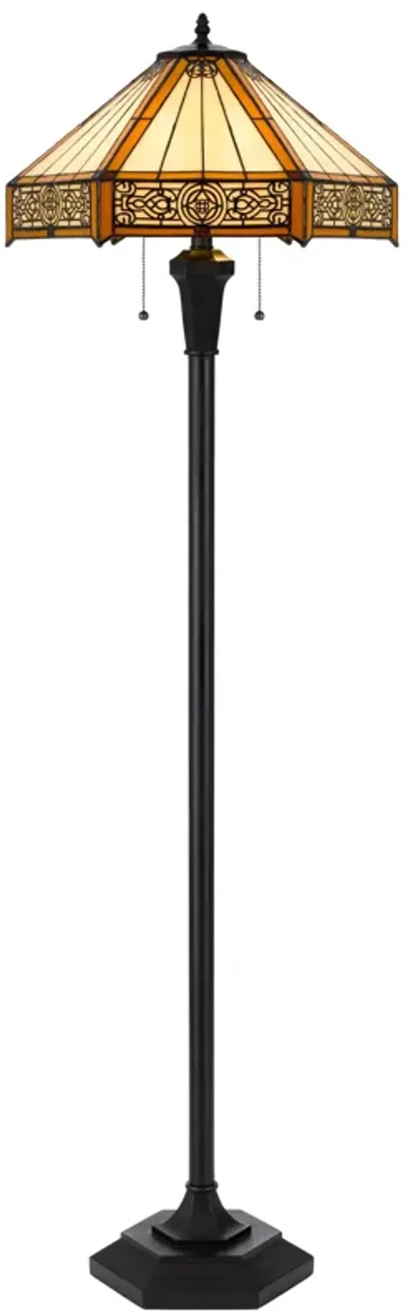 Eli 60 Inch Floor Lamp, Hexagonal Tiffany Style Shade, Dual Light, Bronze - Benzara