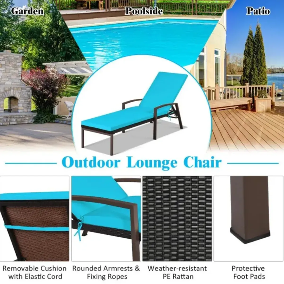 Hivvago Outdoor Adjustable Reclining Patio Rattan Lounge Chair with Adjustable Backrest