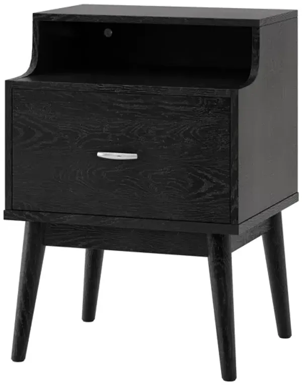 Inaya Nightstand, 1 Drawer and Shelf, Splayed Legs, 26 Inch Black MDF - Benzara