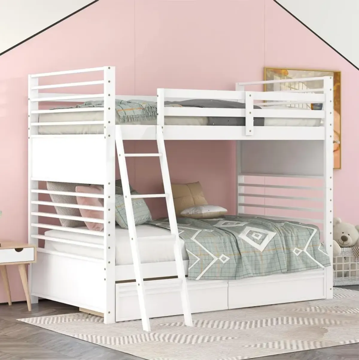 Twin Over Twin Wood Bunk Bed With Two Drawers