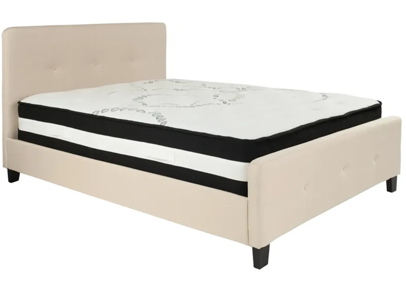 Tribeca Full Size Tufted Upholstered Platform Bed in Beige Fabric with Pocket Spring Mattress