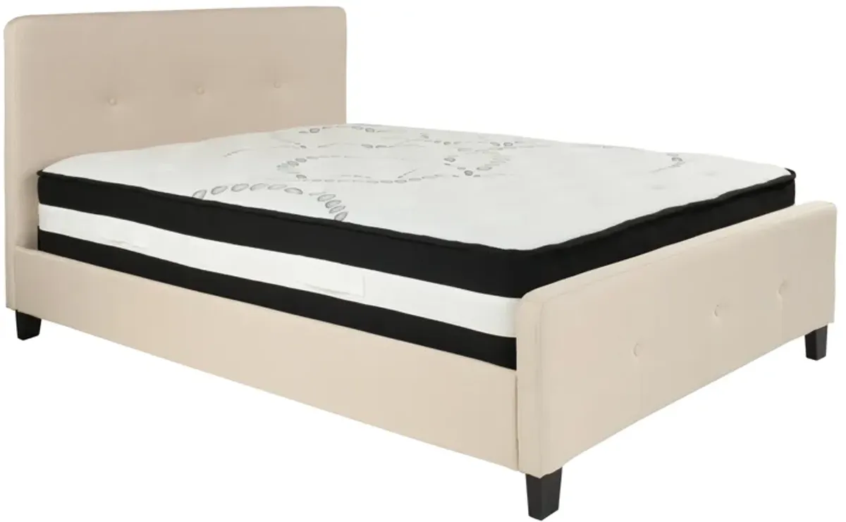 Tribeca Full Size Tufted Upholstered Platform Bed in Beige Fabric with Pocket Spring Mattress