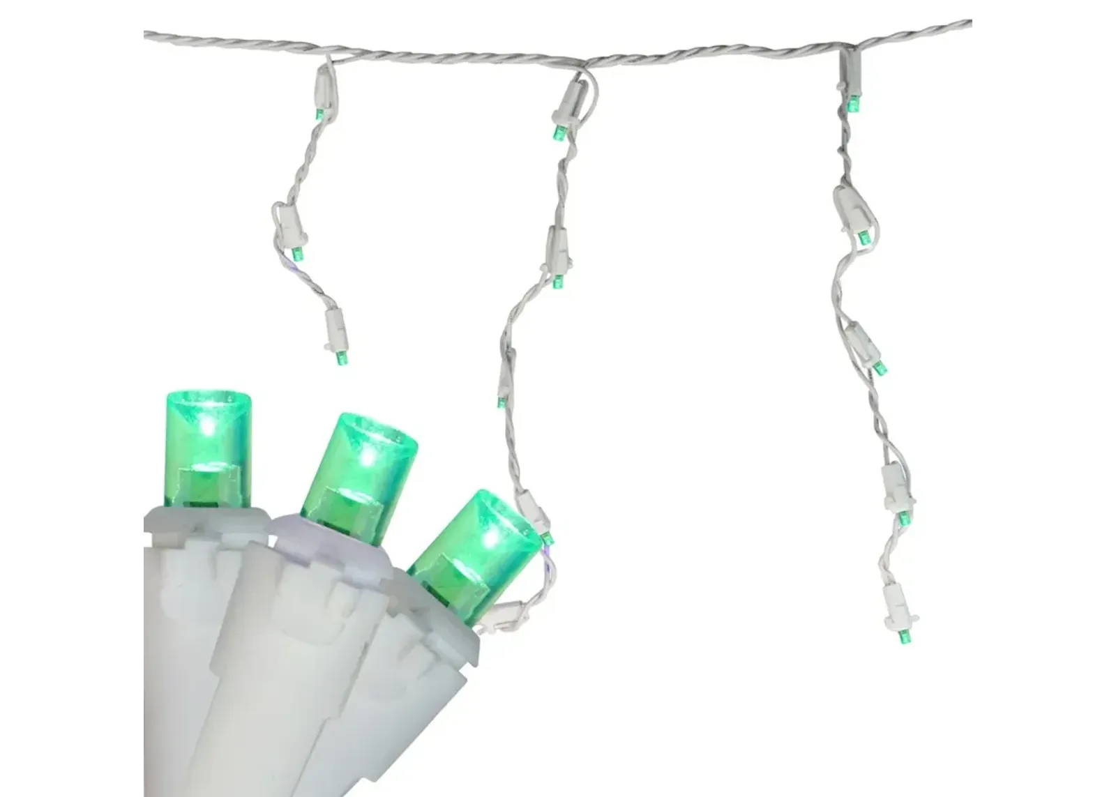 100 Count Green LED Wide Angle Icicle Christmas Lights  5.5ft White Wire