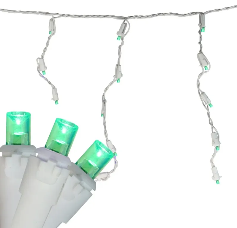 100 Count Green LED Wide Angle Icicle Christmas Lights  5.5ft White Wire