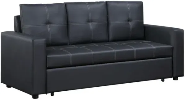 Sleeper Sofa, Tufted Seats, Black Faux Leather, Solid Wood  - Benzara