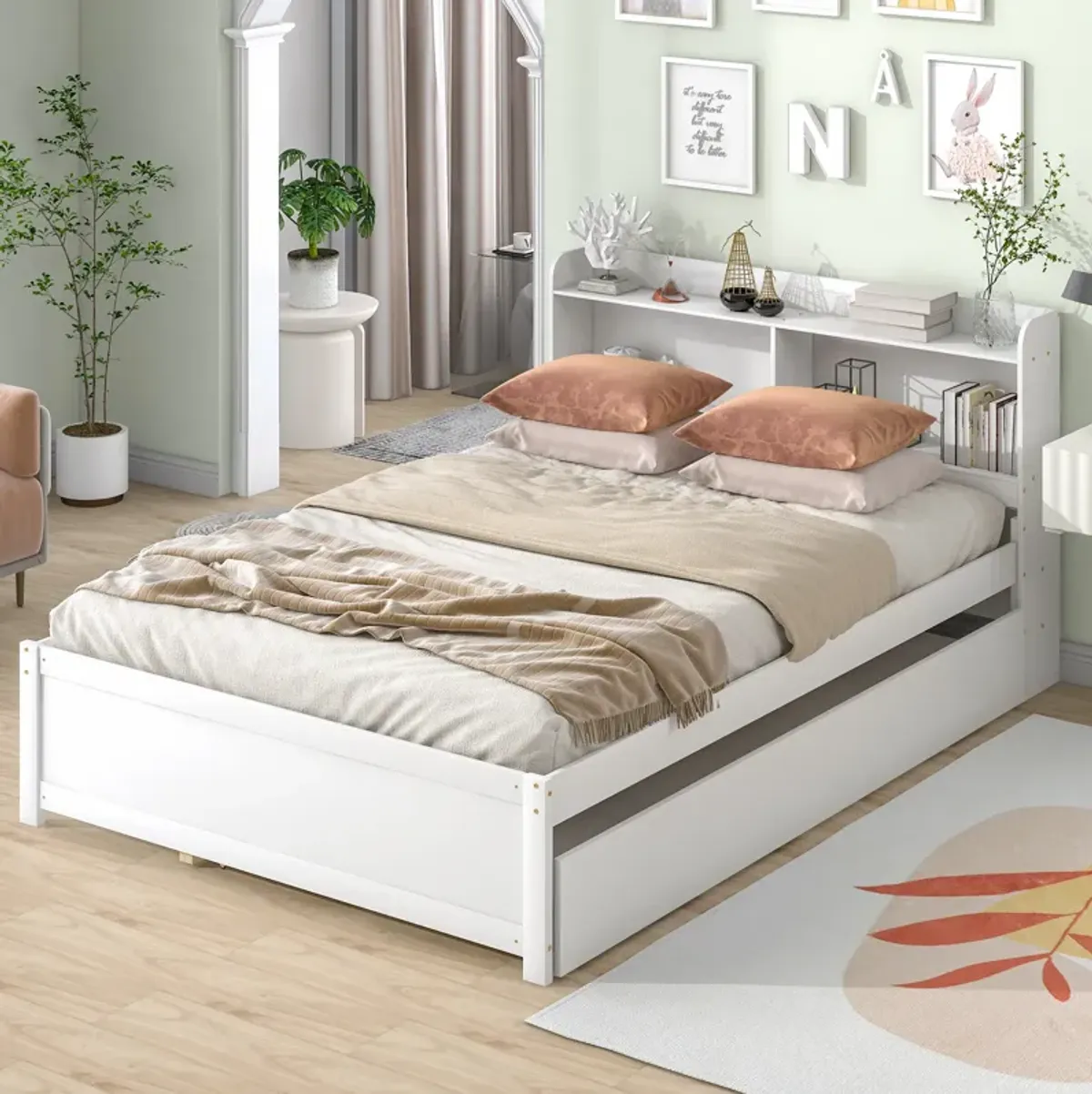 Full Bed with Trundle,Bookcase,White