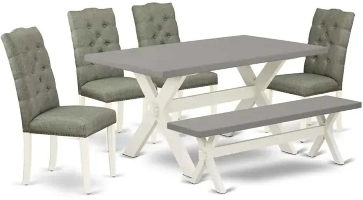 East West Furniture 6-Pc Dining Table Set- 4 Parson Chairs with Smoke Linen Fabric Seat and Button Tufted Chair Back - Rectangular Top & Wooden cross Legs Mid Century Dining Table and Small Bench - Ce