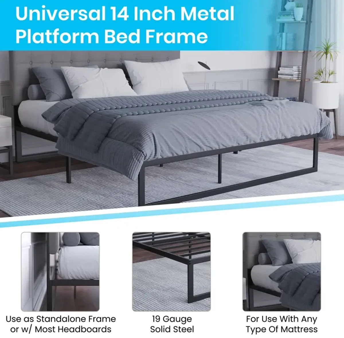 Flash Furniture Bentley 14" Metal Platform Bed Frame - Black Frame/Steel Slat Supports - 12.5" Underbed Storage - No Box Spring Needed - Quick Lock Functionality-King