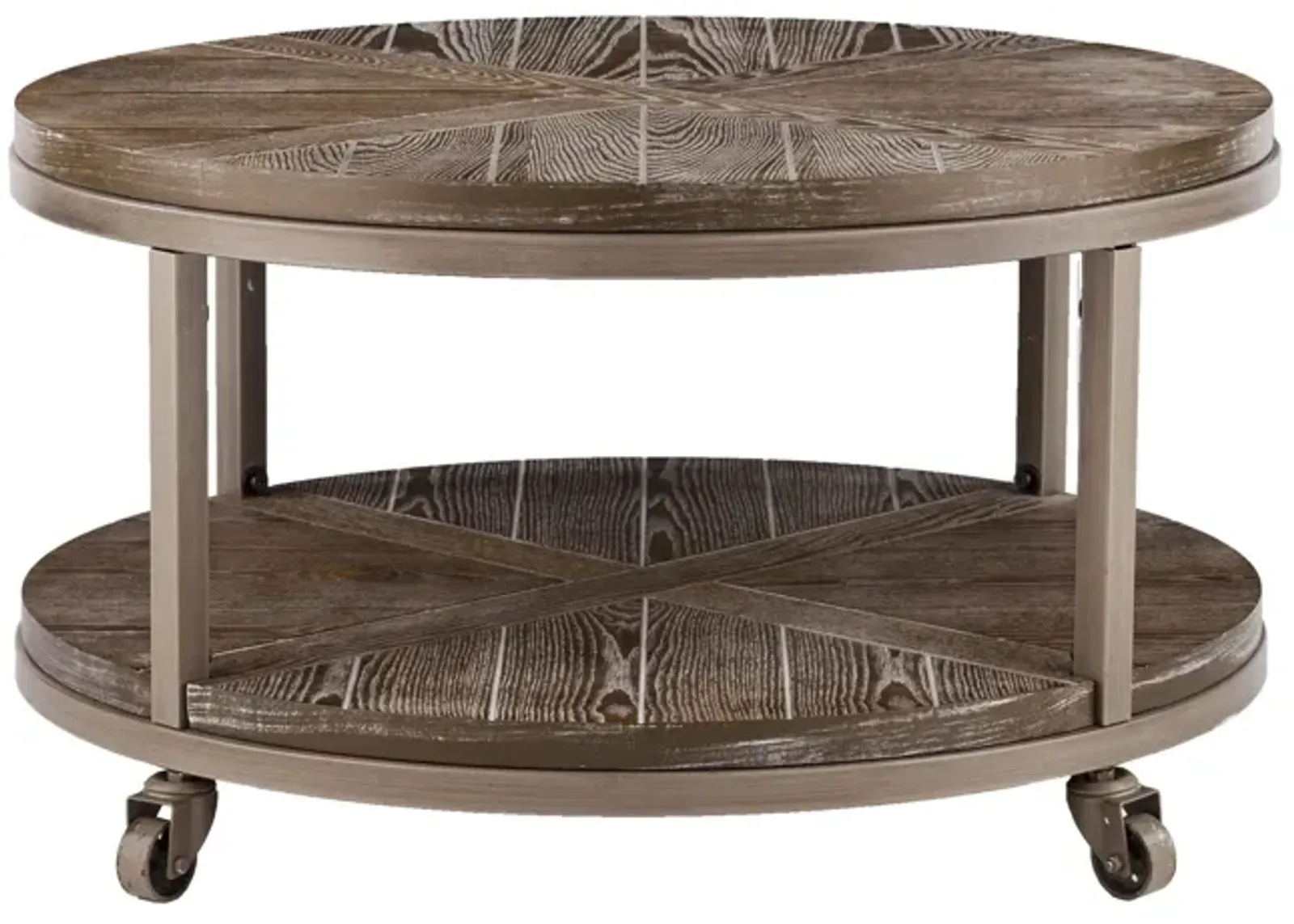 Homezia 32" Brown Rustic and Distressed Round Two Tier Rolling Coffee Table