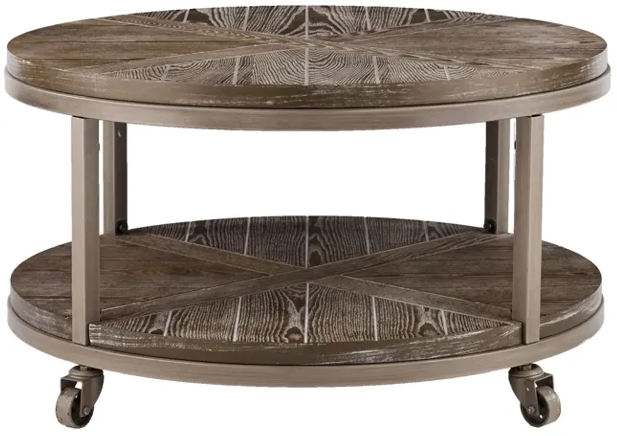 Homezia 32" Brown Rustic and Distressed Round Two Tier Rolling Coffee Table