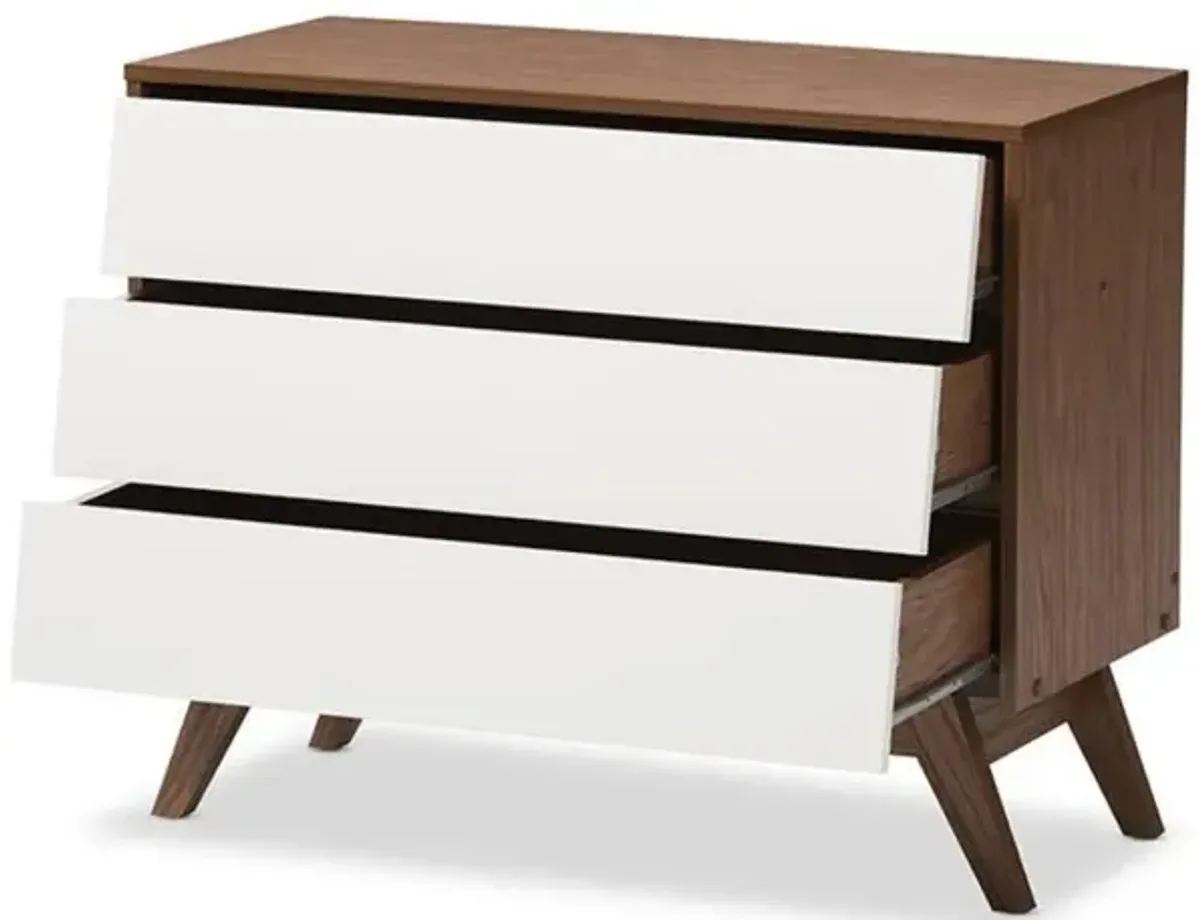 Baxton Studio Hildon Mid-Century Modern White and Walnut Wood 3-Drawer Storage Chest