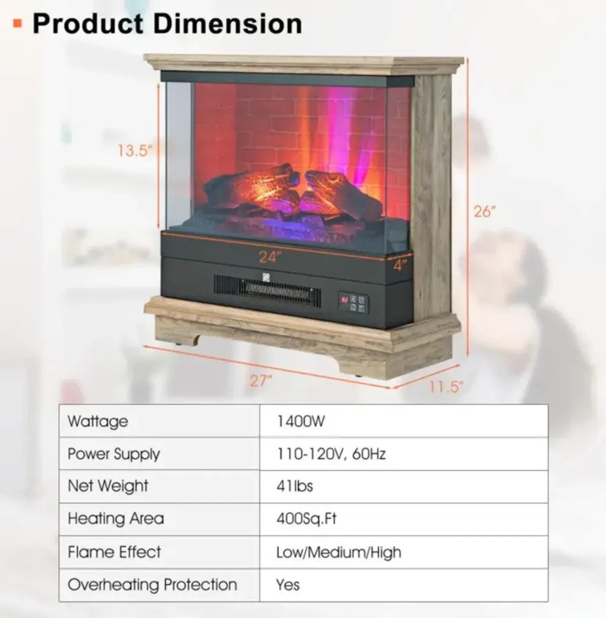 Hivvago 27 Inch Freestanding Electric Fireplace with 3-Level Vivid Flame Thermostat