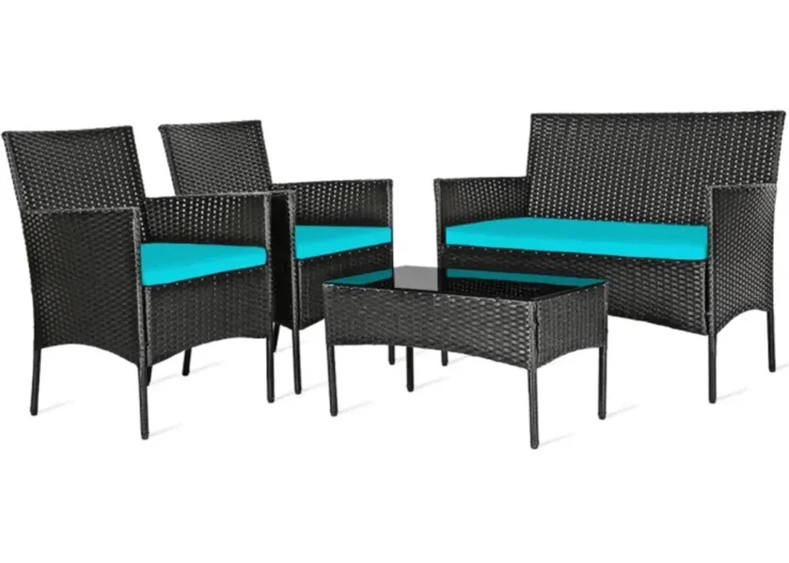 Hivvago 4 Pieces Patio Rattan Cushioned Sofa Set with Tempered Glass Coffee Table