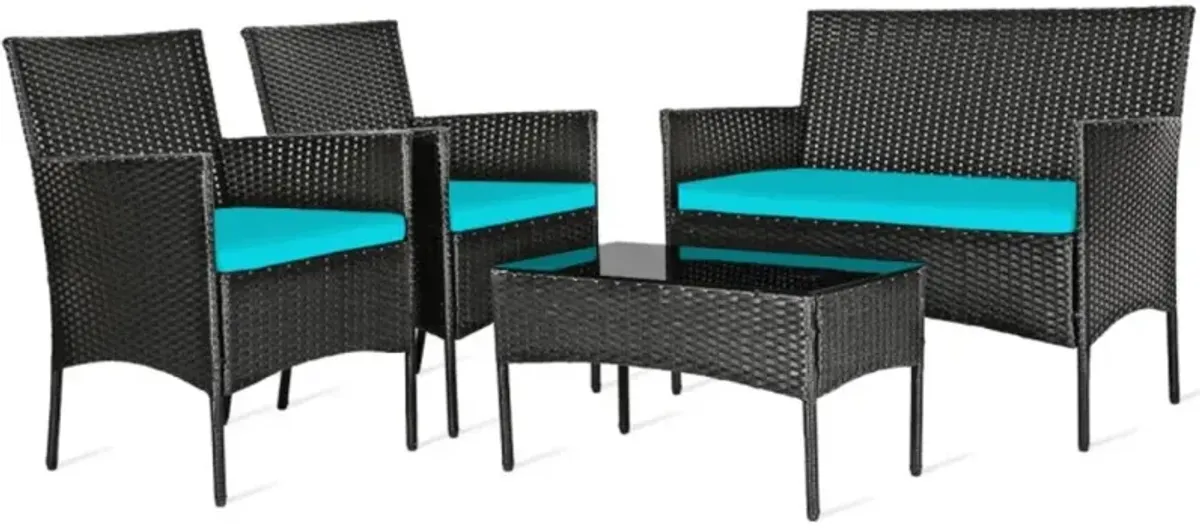 Hivvago 4 Pieces Patio Rattan Cushioned Sofa Set with Tempered Glass Coffee Table