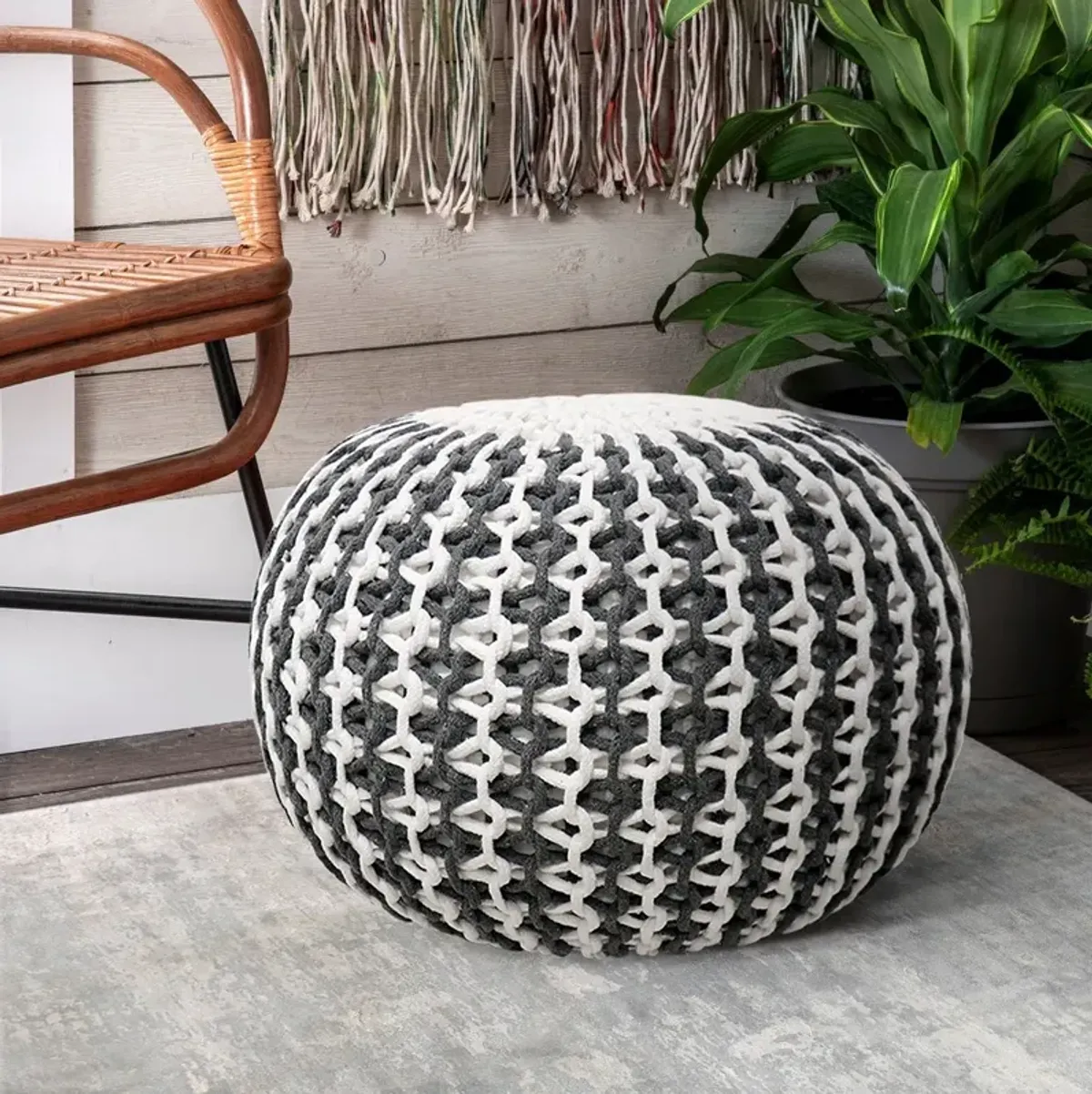 Pasargad Home Santorini Cotton Pouf, Ivory & Grey