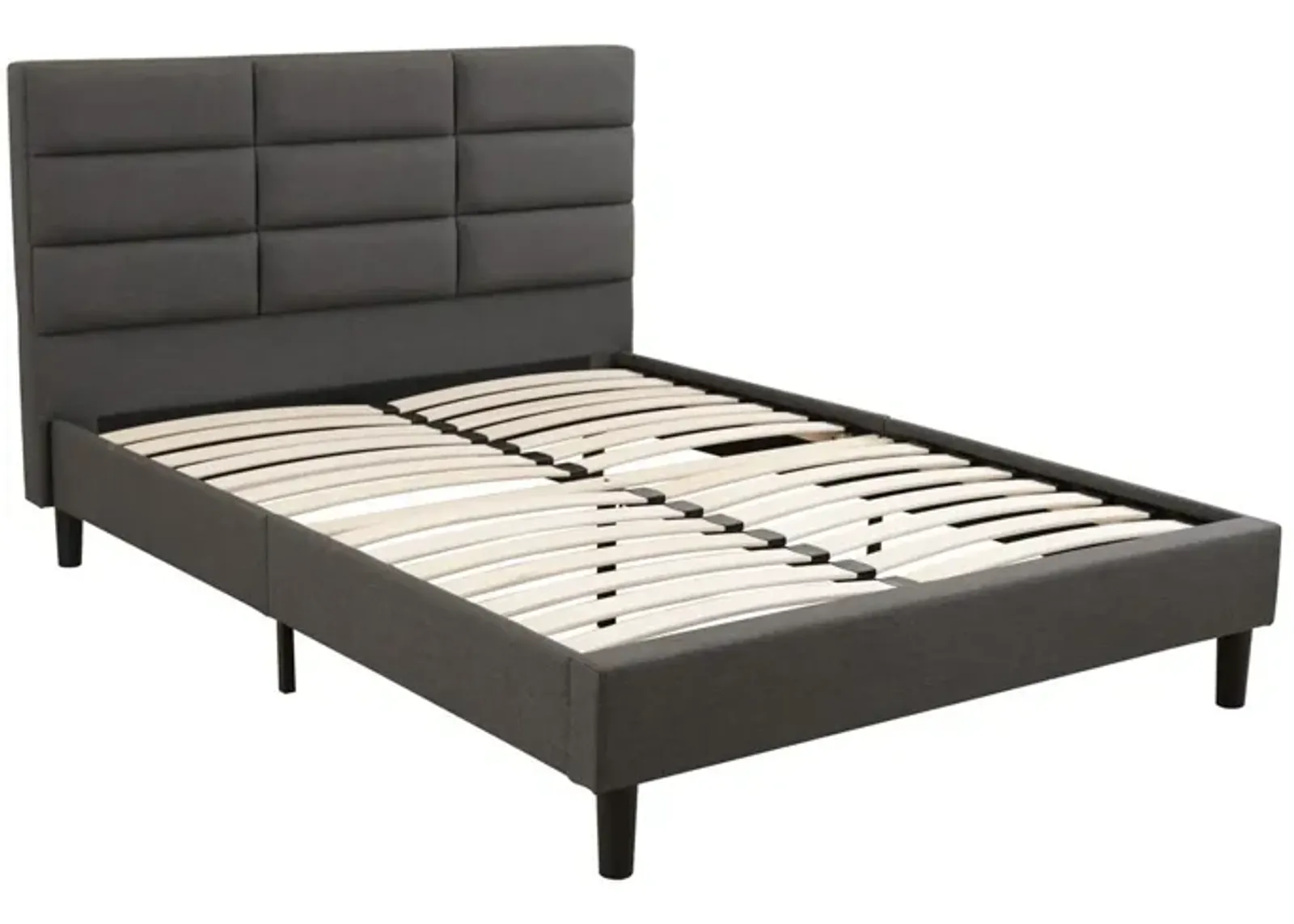 Rin Queen Size Platform Bed, Charcoal Gray Upholstery, Panel Headboard-Benzara