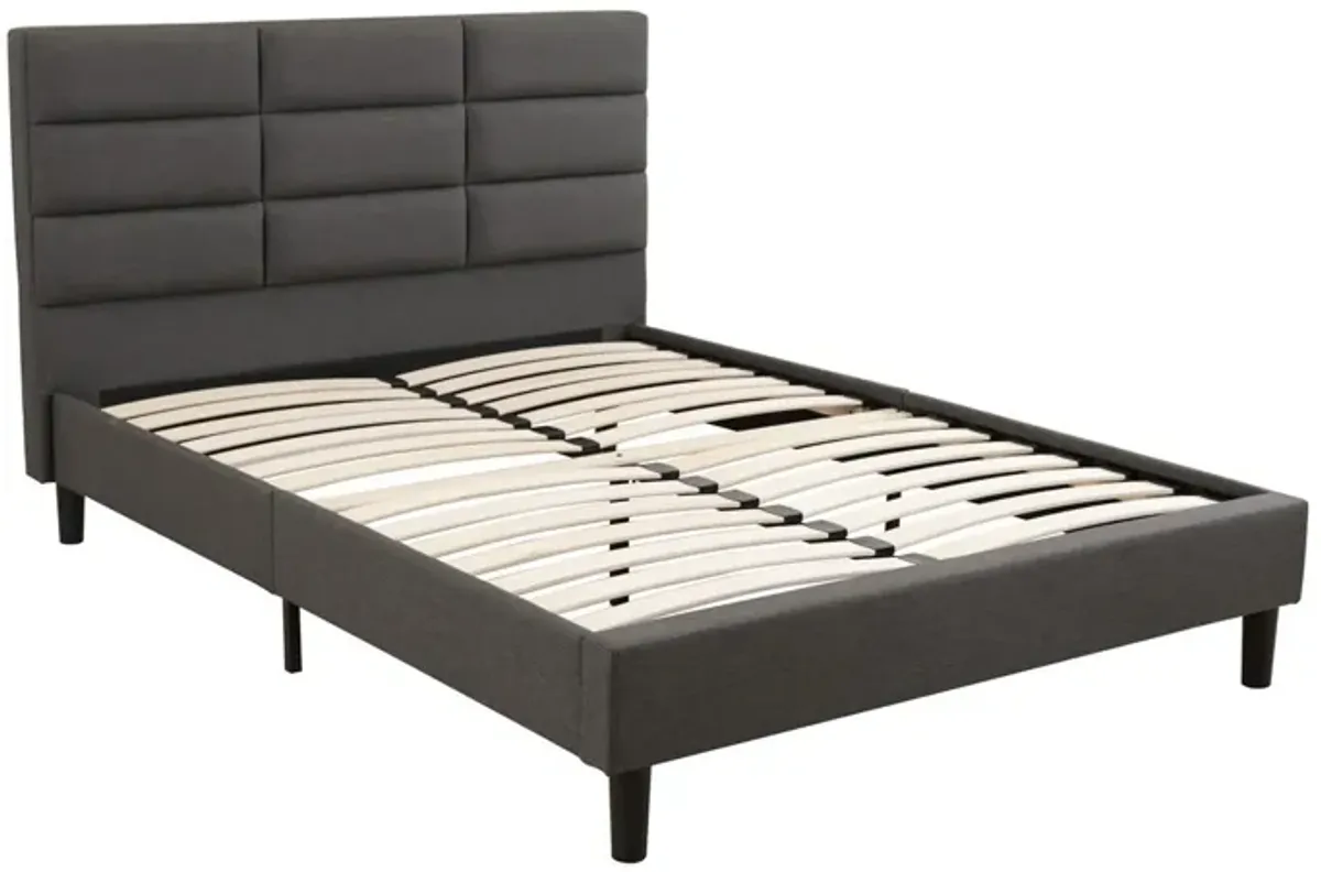 Rin Queen Size Platform Bed, Charcoal Gray Upholstery, Panel Headboard-Benzara