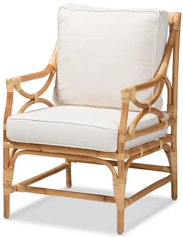 Baxton Studio Brandon Modern Bohemian White Fabric Upholstered and Natural Brown Rattan Armchair