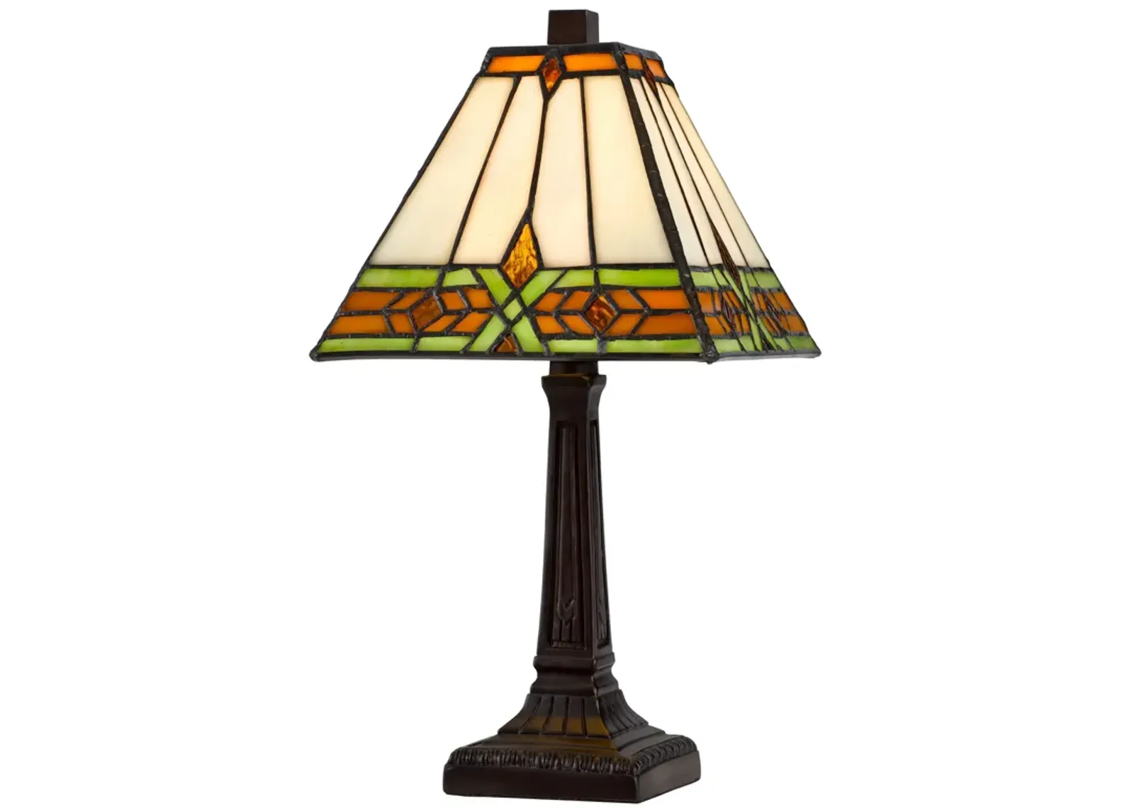 Eli 14 Inch Accent Lamp, Stained Square Tiffany Style Shade, Bronze Frame-Benzara