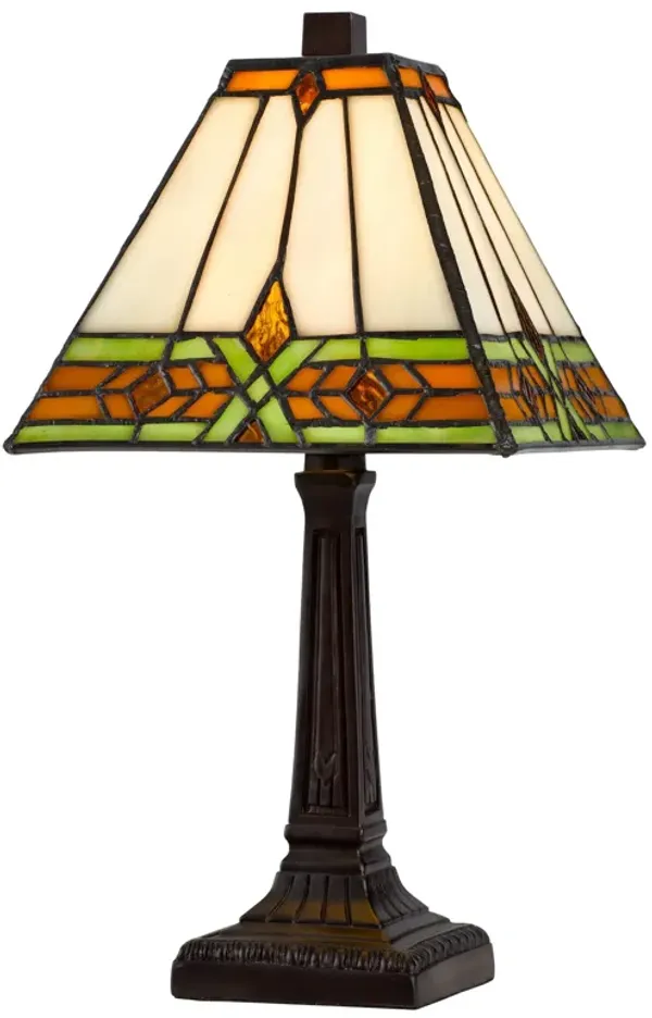 Eli 14 Inch Accent Lamp, Stained Square Tiffany Style Shade, Bronze Frame - Benzara