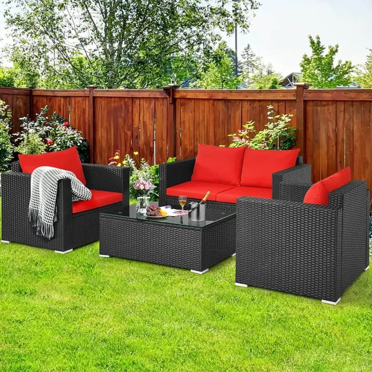 4 Pieces Patio Rattan Conversation Set with Padded Cushion and Tempered Glass Coffee Table