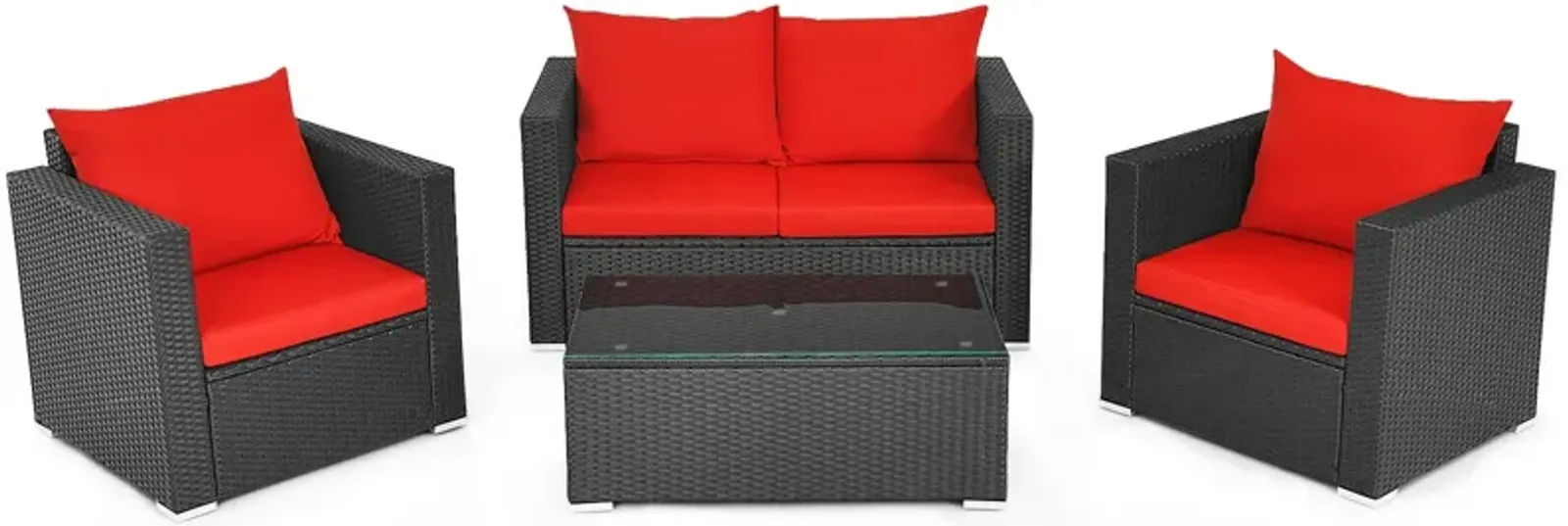 4 Pieces Patio Rattan Conversation Set with Padded Cushion and Tempered Glass Coffee Table