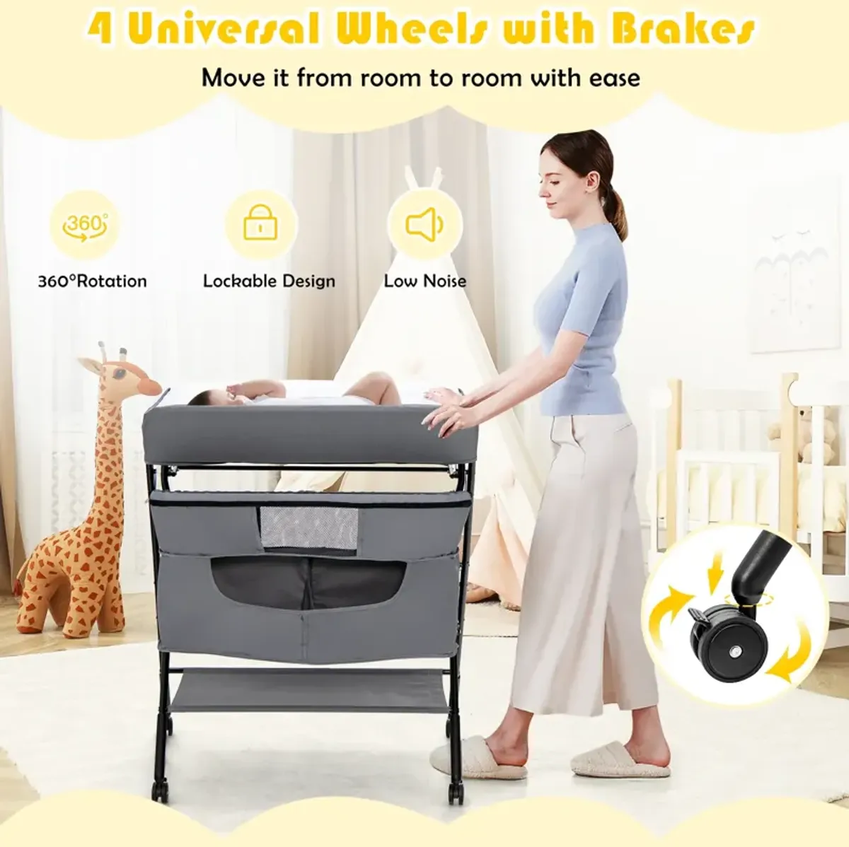 Portable Adjustable Height Newborn Nursery Organizer with Wheel