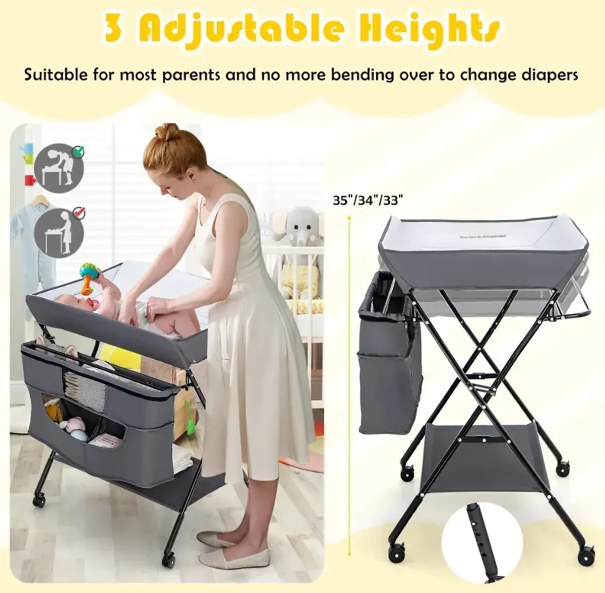 Portable Adjustable Height Newborn Nursery Organizer with Wheel