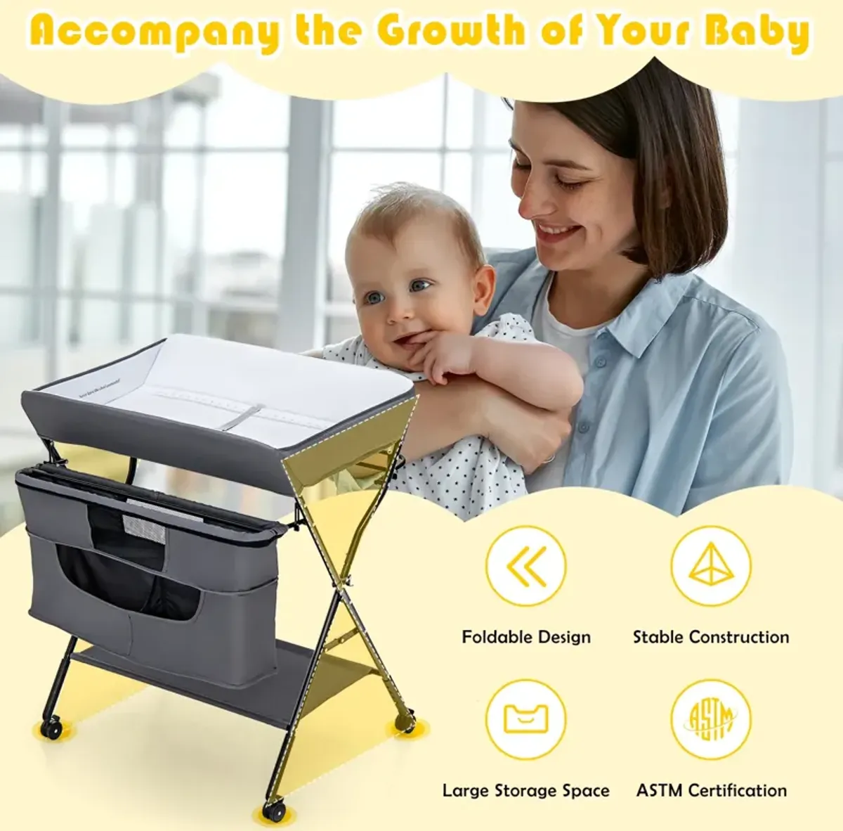 Portable Adjustable Height Newborn Nursery Organizer with Wheel